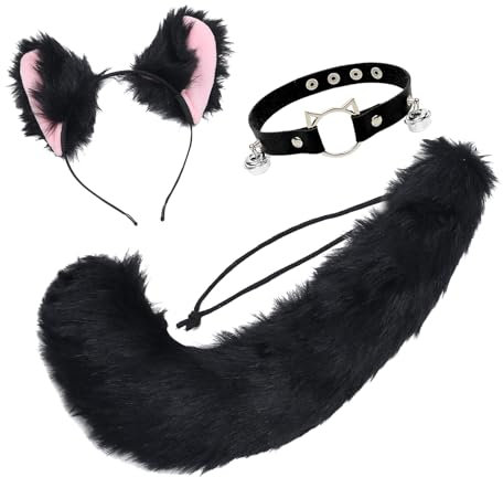 XDGBGFN Halloween Katze Kostüm Set, 3er Set Fuchsschwanz Katzenohren Stirnband und Glockenhals Verstellbaren Halskette für Halloween Karneval Party Dekoration Kostüm (Schwarz)