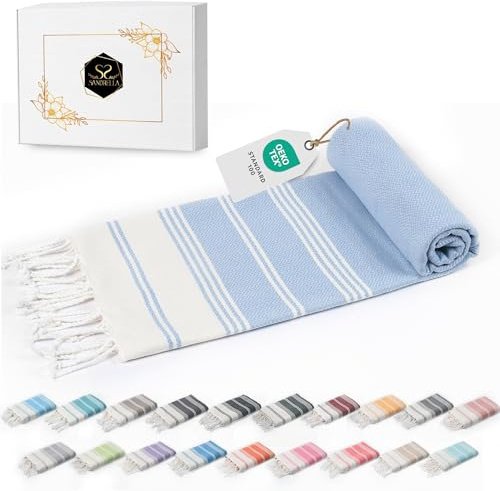Sandrella Hamamtuch Sauna Damen & Herren groß 100x200 Baumwolle Strandtuch Decke Pestemal Geschenkset | hellblau