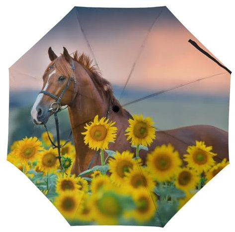 YBQLNP Kompakter Reise Regenschirm Sonnenblume Pferd Taschenschirm Automatisch Auf Und Zu Faltbarer Sonnenschirm