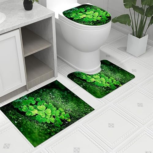 Bad Teppiche Set 3-Teiliges Dunkelgrüne Blätter WC Vorleger Mit Ausschnitt Badematte Saugfähig WC Deckelbezug Badvorleger rutschfest Waschbar Toilettensitzbezug Badgarnitur (45x75cm)