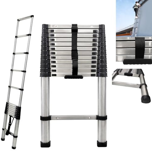 Telescoping Ladder Folding Ladder 3.2M(10.5 FT),Steel Collapsible Ladder,Heavy Duty Extension Ladder Compact Ladder,Compact Ladder with Industrial Grade Latch for Home,Outdoor,Building Construction