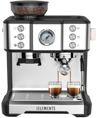 KB-ELEMENTS - Macchina per caffè espresso con macinino integrato, 20 bar, macinino professionale, serbatoio dell'acqua da 2,6 l, testa di estrazione da 58 mm, argento