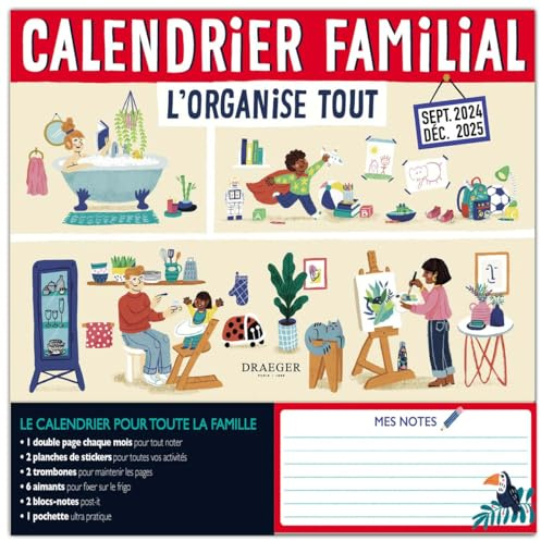 DRAEGER PARIS 1886 - Calendrier Familial 2024-2025 - 16 Mois - 28,5x28 cm - Organisation Hebdomadaire - 5 Colonnes - Menus & Courses - Blocs-Notes, Pochette & Feutre - Stickers Inclus