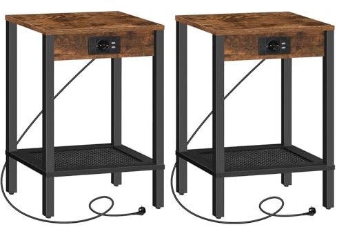 HOOBRO Beistelltische mit Ladestation, 2er-Set, Nachttische mit Steckdose und 2 USB-Anschlüssen, 2-stufige Sofa-Beistelltische, für Schlafzimmer, Wohnzimmer, Vintagebraun und Schwarz EBF91CBZP201