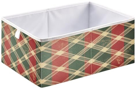 JUMBEAR Joyful Christmas Plaid Pattern Storage Bin Foldable Storage Basket Toy Storage Box for Home Organizing Shelf Closet Bins,40x27x17cm