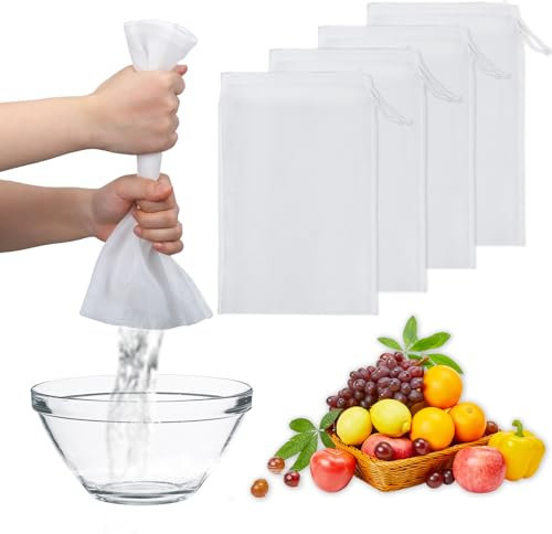 Piriuuo 4 Stück Nussmilchbeutel, 30 * 20 cm Feinmaschiges Passiertuch Wiederverwendbar Passiertuch mit Kordelzug Waschbar Nussmilchbeutel Nylon Filterbeutel für Nussmilch Käse Fruchtsaft Kaffee