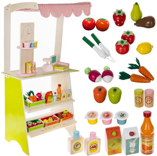 Bancarella del mercato per bambini in legno con tenda da sole e accessori, 25 pezzi, verdure, frutta, cibo, cassa, bilancia, Kaufmannsladen 24888