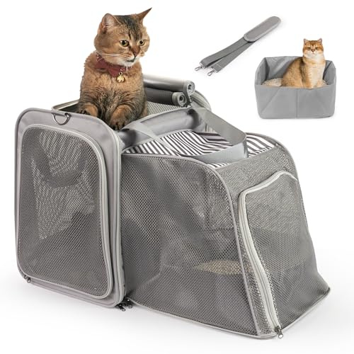 Faltbare Katzentransportbox mit integriertem Katzenklo, erweiterbar atmungsaktiv Katzentasche, 900D Oxford Stoff, tragbar Reisebox für Katzen bis 10 kg, ideal für Reise, Camping & Tierarztbesuch