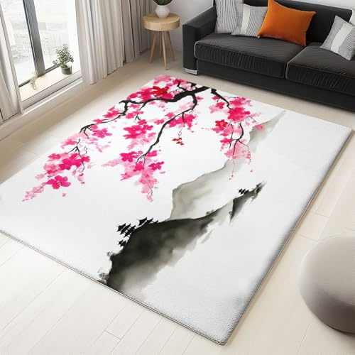 Decorativa Crema Alfombra Pelo Corto, Tradicional Flor De Cerezo Japón Alfombra Antideslizante Dormitorio, Tapete Cocina Lavable Resistente a Las Manchas 180 x 240 cm