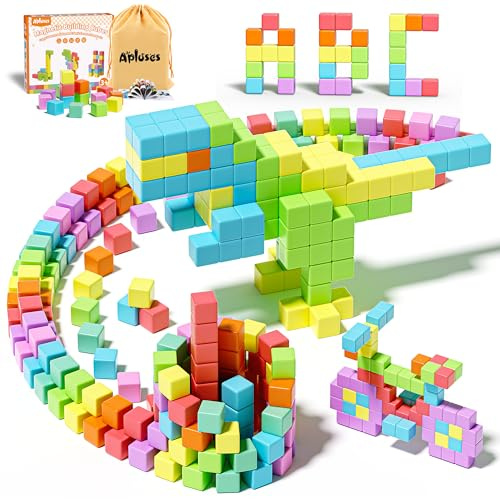 Apluses Magnetische Bausteine 42-Teiliges, Magnetbausteine Kinder ab 3 Jahre, Montessori Magnetwürfel, Kreatives Lernspielzeug für Jungen Mädchen, Sensorik Bausteine mit Tragetasche