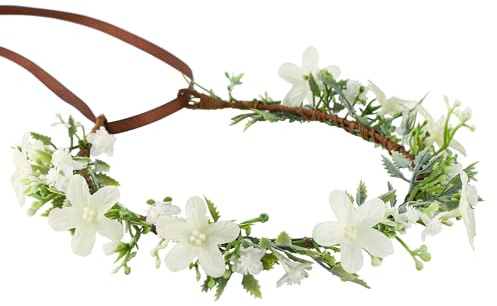 Weißer Blumenkranz, Grüner Blattkopfband, Blumiges Kopfstück, Fee Haarwreath für Mädchen, Braut Kostüm, Faschingskostüme, Karneval Party
