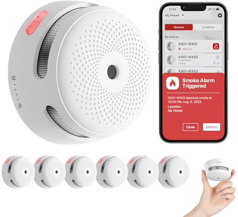 X-Sense Rilevatore di fumo collegato con batteria sostituibile, rilevatore di fumo Wi-FI conforme alla norma EN14604, notifiche tramite l'applicazione, XS01-WX, confezione da 6