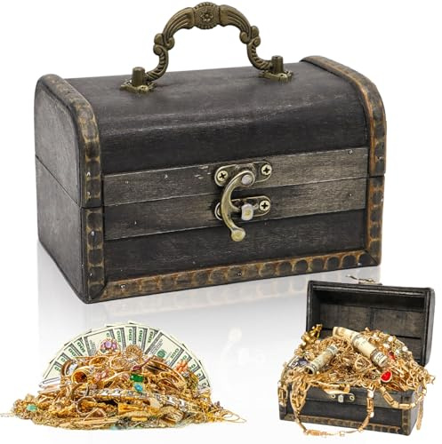 Spetsbst Kleine Holz Schatztruhe Box 14x8.5x8.5 cm Vintage Holztruhe | Piratenkiste Schatzkiste Holz Aufbewahrung für Schmuck, Münzen, Deko, Erinnerungsstücke (Grauschwarz)