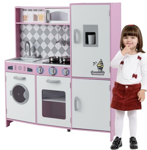 Maxmass Toddler Toy Kitchens, Wooden Kids Play Kitchen with Light, Sound, Microwave, Ice Maker, Washing Machine, Oven, Stove, Utensils, Role Play Children Pretend Kitchen for 3+ Years Old (Pink)