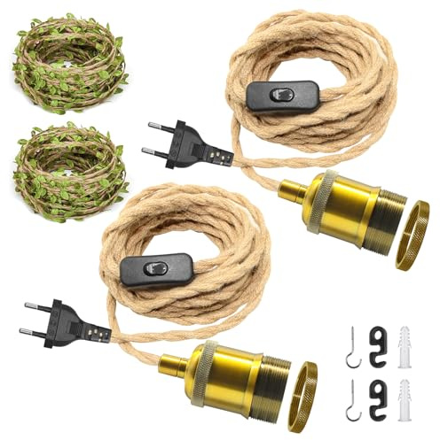 2er-Set Hanfseil Pendelleuchte mit Schalter und Stecker, E27 Fassung mit 5,1 m Kabel und 5 m Juteschnur mit Blättern – Vintage Hängelampe für Landhausstil