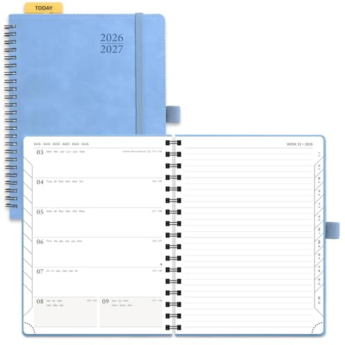 POPRUN Agenda 2026 2027 Semainier avec Page de Note D'Août 2026 à Déc 2027 | Planner Scolaire Moyen 22 x 16,5 cm,Couverture Souple Spirale,Onglets Mensuels,Papier 80g/m²,Règle signet,Bleu Céruléen