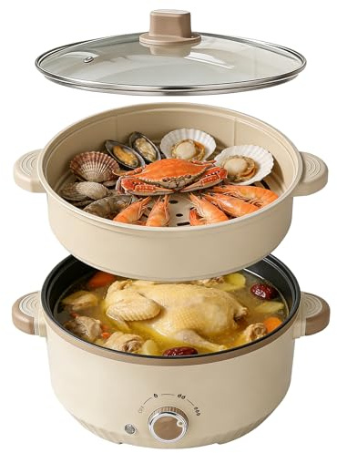 Hot Pot,Olla Eléctrica Multifunción 4.6L con Cesta de Vapor, 28 cm Diámetro, Revestimiento Antiadherente Cerámico, 3 Niveles de Temperatura y Protección Contra Sobrecarga, para Fondue, Cocina y Más
