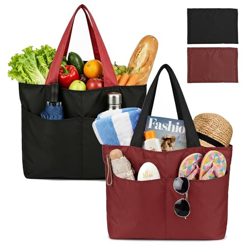 GFYFYZ Einkaufstasche Faltbar 2 Stück Große Strandtasche mit Reißverschluss Wiederverwendbare Einkaufsbeutel Waschbar Shopping Bag Tragbare Badetasche für Einkaufen und Strand Reisen