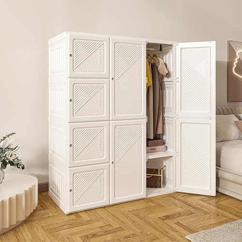 MAYIBOX Zusammenklappbarer Kleiderschrank, 69x170x50cm, Schnelle Montage, Vielseitiger Schrank mit Kleiderstange und Magnettüren, Perfekt für Schlaf&Wohnzimmer,6 Staufächer-2 Kleiderbügel