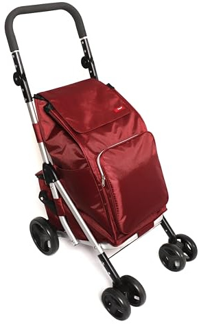 Urban London 6-Wheel Design 74L Capacity Folding Shopping Trolley with Cooler Bag Adjustable Handle (Burgandy)