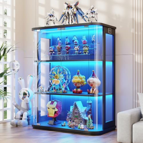BROTTAR 3-stöckige runde Vitrine mit Glastür, 3-farbige Beleuchtung, Bewegungssensor, durchgehend transparenter Schrank für Sammlerstücke, Spielzeug & Bücher (Schwarz)