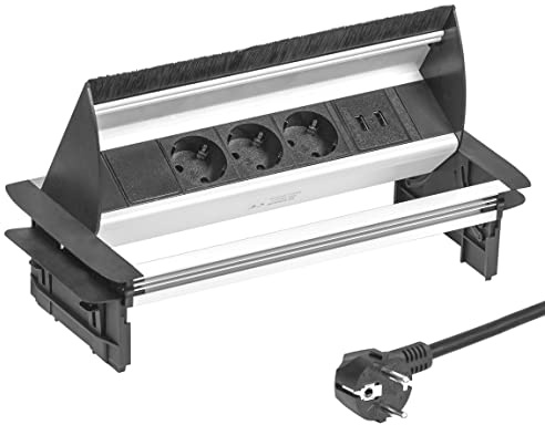 Elbe Inno utdragbart bordsuttag med 2xUSB, strömställare med USB-uttag, inbyggt uttag av aluminiumlegering, fleruttag, barnsäkerhetslås, 1,5 m kabel, för kontor, verkstad, kök