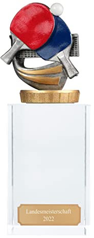 Pokal, Trophäe Tischtennis mit Glassockel 18cm hoch Größe L mit Gravur