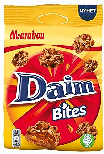 Marabou Daim Bites 8 x 140 g – kleiner Snack mit Mandel-Karamell Stückchen, umhüllt von cremig–zarter Schokolade und Cornflakes – knusprige Süßigkeiten, perfekt für unterwegs