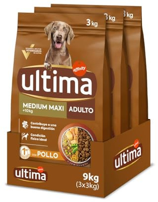 Ultima Medium-Maxi Adult Pollo, Comida seca para perros, Pack de 3 x 3kg, Total 9kg