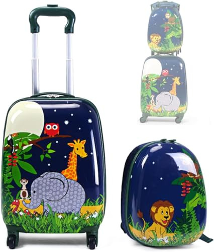 RELAX4LIFE Set Valigia Bambini 2 in 1 Animali Selvatici Blu Notte (Trolley16 + Zaino 12) con Ruote 360°, Maniglia Regolabile, Zaino con Piedini|ABS Resistente|Ideale per Viaggi e Scuola