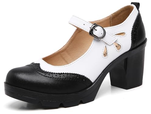 DADAWEN Women's Leather Classic Mary Jane Ankle Strap Round Toe Mid Heel Platform Pumps Oxfords Dress Shoes Black/White US Size 9