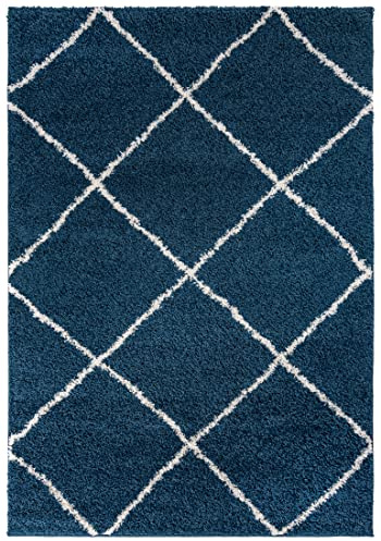 Mazovia Shaggy Teppich Wohnzimmer 80x150cm Blau Geometrisch Boho Blickfang | Teppich für Schlafzimmer Büro Esszimmer Weich und Flauschig Pflegeleicht Tierfreundlich Allergikerfreundlich Hochflor