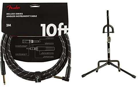 Fender Kabel Deluxe Series, 3m, bk tweed angled & Rockjam Universal Tragbarer vertikaler Gitarrenständer für Akustikgitarre, E-Gitarre & Bassgitarre