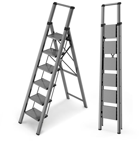 WOA WOA 6 Step Ladder for 12 Feet High Ceiling, Lightweight Foldable Ladder with Non-Slip Wide Pedals, Stepladder with Safe Handrail, Space Saving for Home, Kitchen, Indoor & Outdoor 300lbs - Black