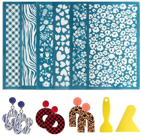 EEEKit 6 Stück Siebdruckschablonen, 5,90 * 3,54 Zoll Schablonen Clay Tools Kit, Wiederverwendbares Siebdruck Set mit 2 Schabern für DIY Polymer Clay, Schmuckherstellung, Dekoration von Ohrringen