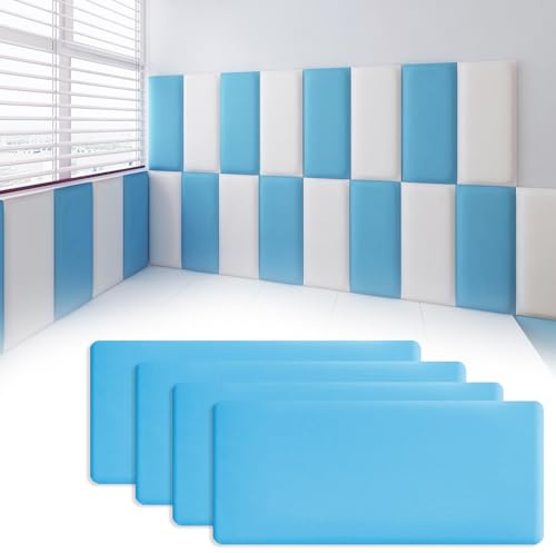 3D Anti-Collision Wall Padding for Kids, 4 PCs 40x20cm Self-Adhesive Peel and Stick Headboard Panels, Soft Upholstered Wall Protectors for Bedroom Living Room Playroom (Sky Blue)