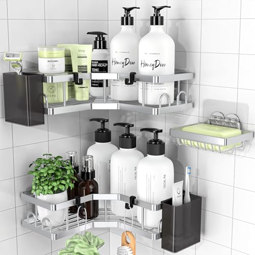 PKBD Corner Shower Caddy 3 Pack,Bathroom Storage No Drilling,Shower Storage with Soap Holder&Hooks&Toothpaste Holders,Bathroom or Kitchen,Rustproof Stainless Steel Suction Bathroom Accessories,Silver