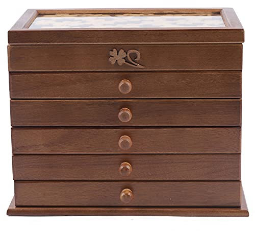 DJOAIUYF Schmuckschatulle aus Holz Große 6 Schichten Schmuck Organizer Schmuckkästchen Schmuckkoffer Große Braun Top Geschnitzte Schmuckschatulle für Halsketten, Ohrringe, Ringe,30 * 19 * 25cm