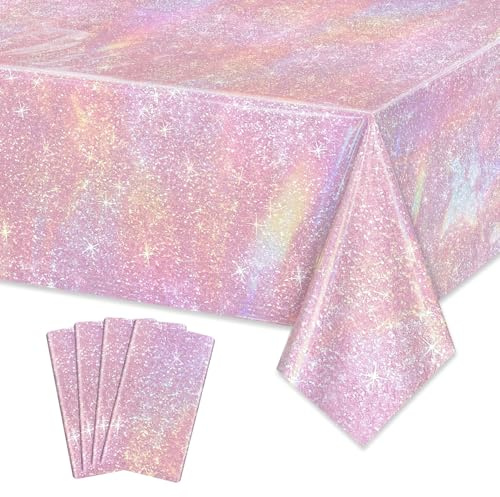 Rosa Glitter Tischtuch, 4 Pack Hellrosa Tischdecken für Mädchen Junge Dame Geburtstag Party Zubehör Braut Hochzeit Dekorationen, 130 x 220 cm