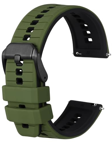 Anbeer Silikonarmband, 18 mm, 20 mm, 22 mm, 24 mm, gummi, snabbstängning, 8 färger att välja mellan, armband klocka herr dam, mjukt byte, Armégrön och svart med svart spänne, 22mm, Gummi
