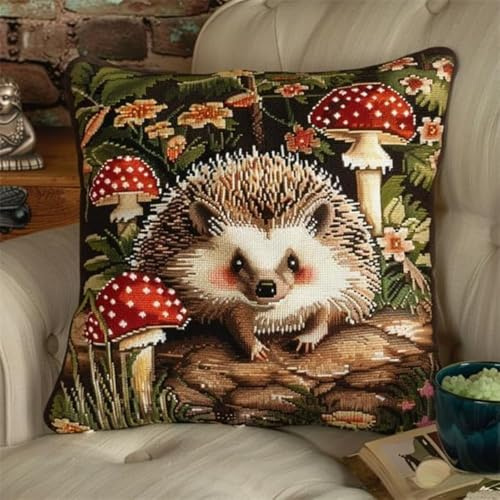 SSLLH Latch Hook Cushion Kits for Adults Hedgehog Red Mushroom Rug Cover Pillowcase Kids Beginner DIY Needlework Embroidery Kits Handmade Set Craft Sofa Home Decor 43x43cm,1pcs