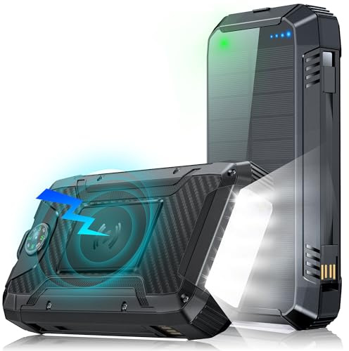 49800mAh Power Bank Solare, PD 30W USB C Power Bank Ricarica rapida con 3 Câbles, 4 Port (2 USB & 1 Type-c), 15W Ricarica Wireless, Spie luminose a LED, Torcia, Caricatore Portatile con Smartphones