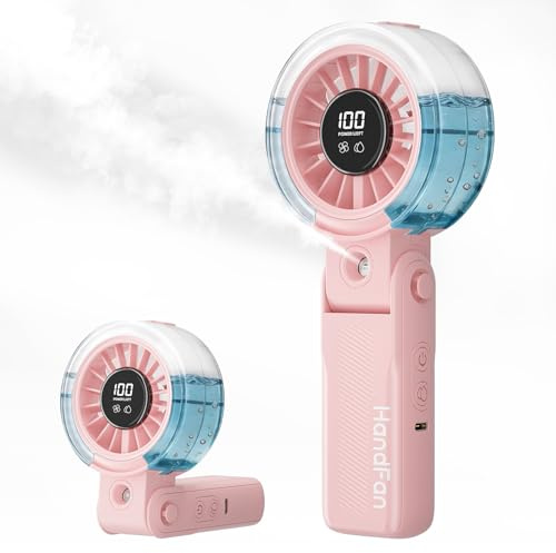 HandFan 4000mAh Handheld Turbo Misting Fan, 100 levels Adjustable Portable Mister Fan, Spray Water Mist Fans, Foldable Electric Mini Hand Fans for Summer Beach Travel Concerts Disney(Pink)