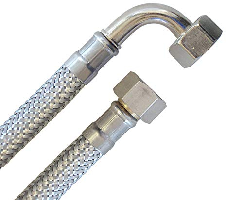 Tubo corazzato 3/8ÜM x 3/8ÜM Curva, Tubo flessibile DN8 per Sanitario con Licenza acqua potabile - 70cm / 700mm