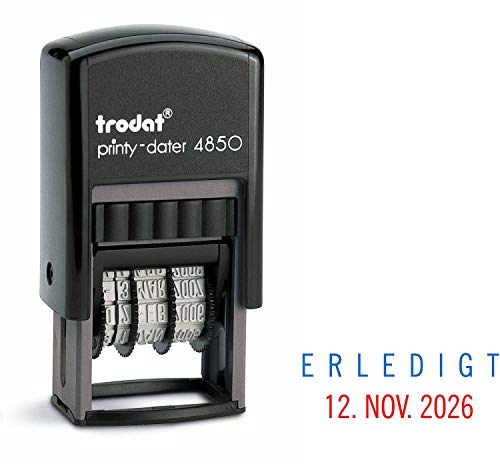 Trodat Printy Dater 4850 Datumstempel mit 2farbigem Kissen blau/rot + Wunschtext, Stempeltext:E R L E D I G T