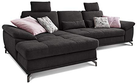 Cavadore L-Form-Sofa Castiel mit Federkern / Große Eckcouch mit Sitztiefenverstellung, Kopfstützen und XL-Longchair / 312 x 114 x 173 / Webstoff, Schwarz