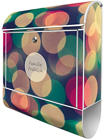banjado Design Briefkasten mit Zeitungsfach 38,5 x 46,5 x 13cm / Postkasten mit Zeitungsrolle/Stahl Briefkasten bunt/Wandbriefkasten A4 Einwurf, Montagematerial, Lichtpunkte Weiß Grün Rot