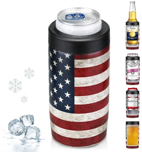 Maxso Slim Can Cooler, 4-in-1 Double Walled Stainless Steel Insulated Beer Can Holder, Works With All 12 Oz Cans,Bottles & As A Pint Cups - America Flag