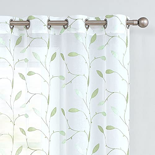 TOPICK Sheer Vorhang Voile Gardinen mit Ösen Blätter Stickerei lichtdurchlässig Ösenschal Gaze Paarig Ösenschals Blatt für Wohnzimmer Schlafzimmer Stores 2er Set Grün auf Weiß H145 x B140(cm)