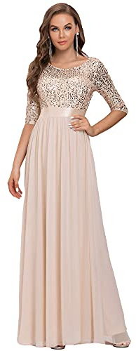Ever-Pretty Robe de Soirée Femme Longue Empire à Paillettes Élastique Mousseline Fluide Nude 42